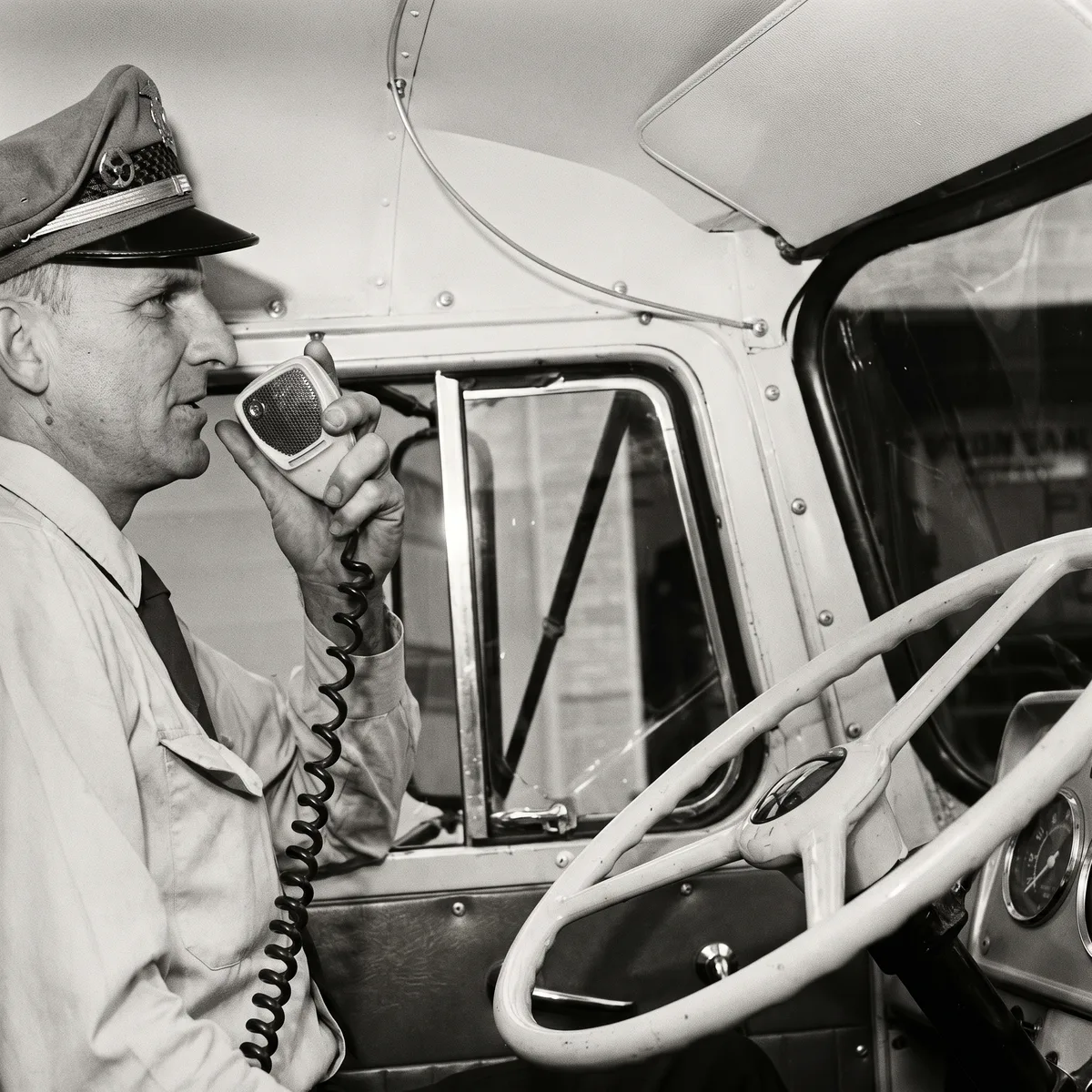 Hermann driver on the CB radio in his cab, 1960s