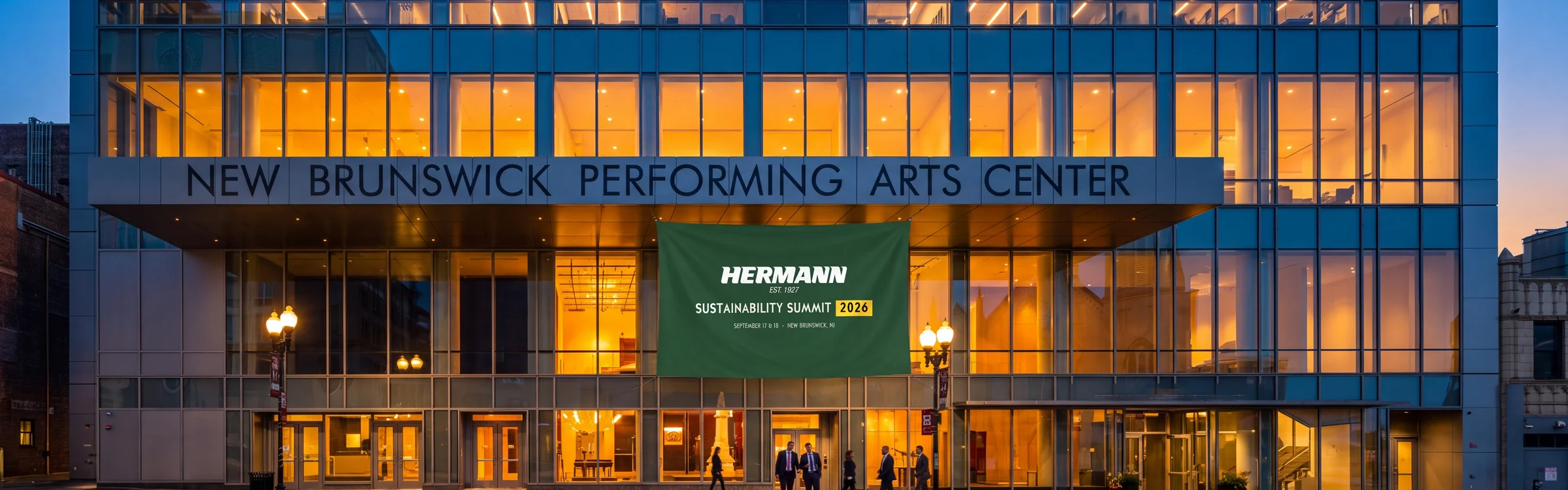 New Brunswick Performing Arts Center at dusk, dressed for the Hermann Sustainability Summit 2026